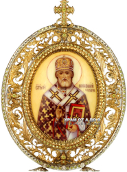 Икона серебряная настольная с финифтьевым образом святителя Николая Чудотворца