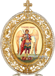 Икона серебряная настольная с финифтьевым образом Архангела Михаила