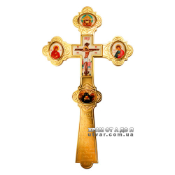 Крест Напрестольный латунный в позолоте со вставками и принтом