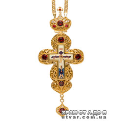 Крест для священнослужителей латунный в позолоте с принтом, вставками(кабашоны) и цепью