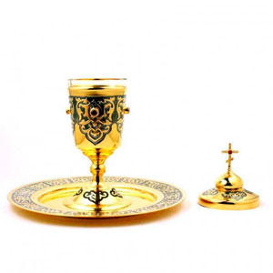 Чаша латунная с тарелочкой из набора для елеопомазания в позолоте и родированием арт. 2.7.1433лпр