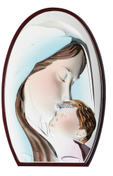 Серебряная икона Мария с младенцем   в католическом стиле покрыта  эмалью 250х330 мм