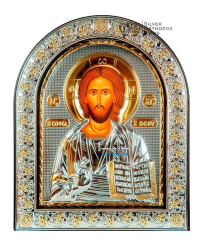 Серебряная икона Спаситель Иисус арочной формы под стеклом 215х265 мм ( Греция )