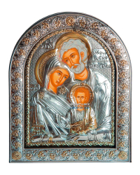 Серебряная икона Святая Семья арочной формы под стеклом 215х265 мм ( Греция )