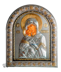 Серебряная икона Владимирская Божья Матерь арочной формы под стеклом 215х265 мм ( Греция )